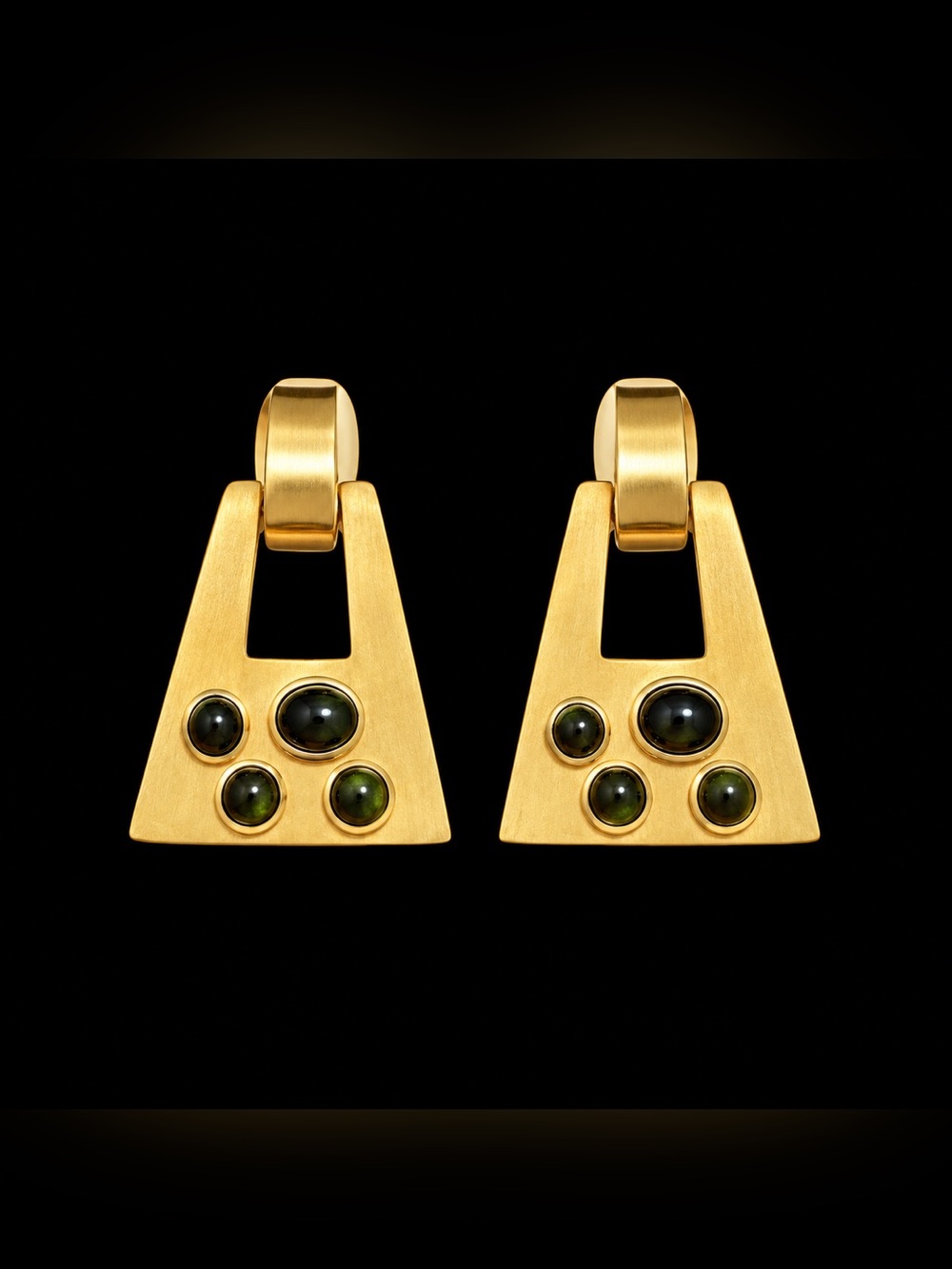 Gold-Tone Geometric Drop Earrings with Green Cabochon Accents